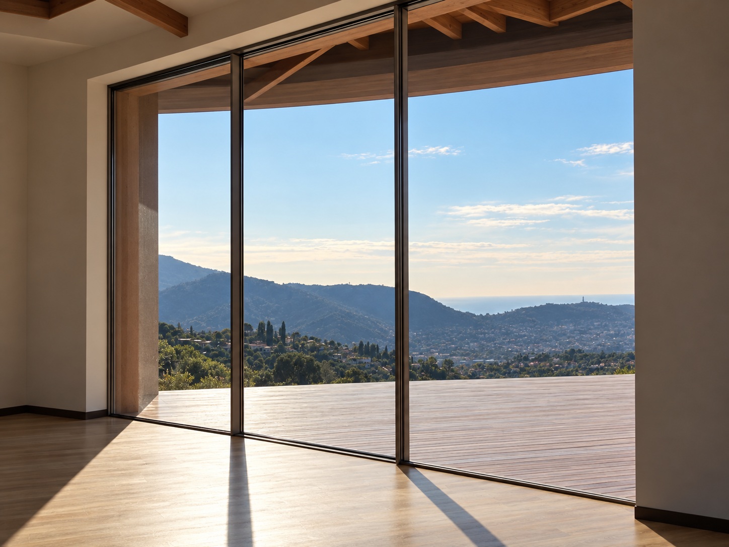 Minimal-frame glazing facing the Mediterranean landscape